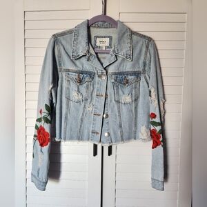 Denim Jacket with Red Rose Embroidery